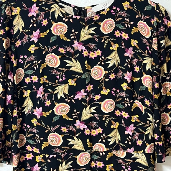 Loft Floral Print Midi Black Ruffle Sleeve Dress Size 4 Career Work Wear - Picture 3 of 9